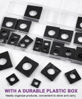 Best Beveled Square Washer Kit for Shim Leveling With 34 Pieces Across Six Sizes M8 M10 M12 M16 M18 M20 Galvanized Black Beveled Square Washers In Plain Carbon Steel Wedge Shaped For Home Workshop Use Swpeet, displayed in storage box.