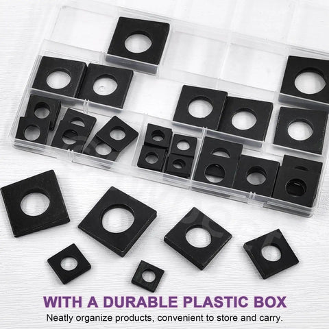 Best Beveled Square Washer Kit for Shim Leveling With 34 Pieces Across Six Sizes M8 M10 M12 M16 M18 M20 Galvanized Black Beveled Square Washers In Plain Carbon Steel Wedge Shaped For Home Workshop Use Swpeet, displayed in storage box.