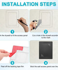 Step-by-step guide for Real Deal Two Pack Drywall Access Panels installation on drywall, showing marking and cutting process.