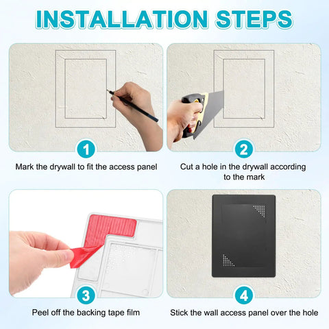 Step-by-step guide for Real Deal Two Pack Drywall Access Panels installation on drywall, showing marking and cutting process.