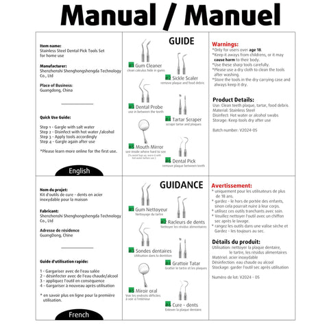 Instruction manual for Pro At Home Dental Tools Set with diagrams and warnings in English and French.