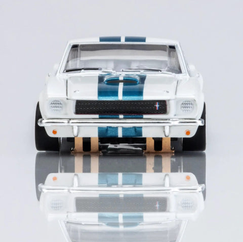 Front view of 1965 Shelby GT350 HO Scale Slot Car White And Blue For Mega G Plus Chassis Track Ready Drivable