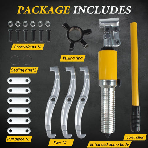 YL 30T 30 Ton Hydraulic Gear Puller Kit with screws, pulling ring, claws, pump body, controller, sealing rings visible