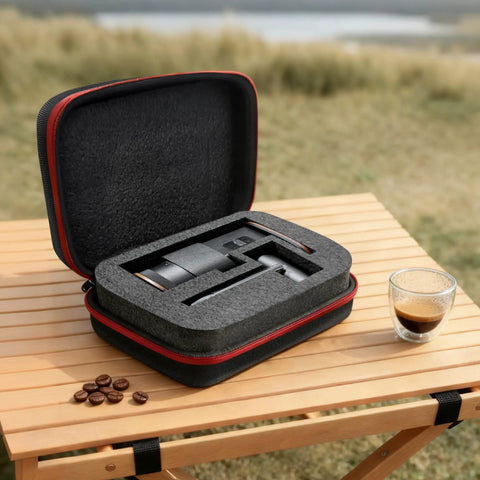 Slick Waterproof Coffee Grinder Travel Case with heavy duty grab handle, opened, showing shockproof foam lining and coffee.