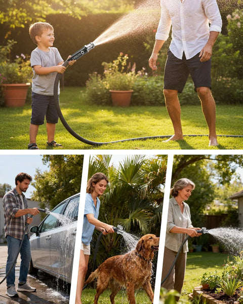 Garden hose 50ft, Amazon; black flexible hose with nozzle shown watering plants, washing a car, and washing a dog.