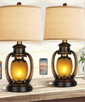 Set Of 2 Rustic Farmhouse Table Lamps With Built In USB Ports And Outlet For Living Room Or Bedroom shown on wooden table