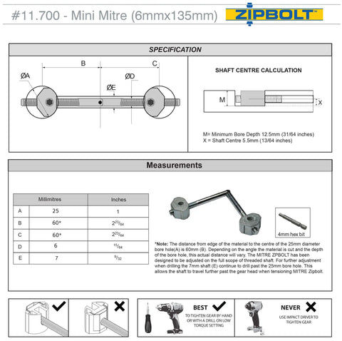No Sweat Ultra Slim Miter Connector for Knockout Wood Joints, 6mmx135mm, showing specifications and measurements for easy installation.