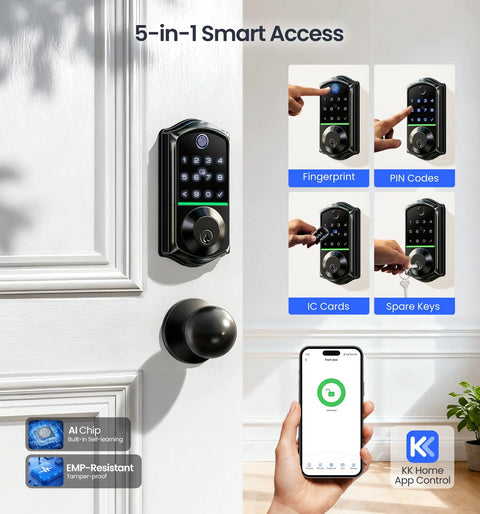 Top Shelf Keyless Entry Smart Door Lock With Lightning Quick Fingerprint Scanning And Smooth App Pairing Featuring Custom Auto Lock Timing Plus Heavy Duty Matte Black Knob Set For Bulletproof Front Door Protection