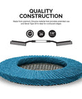 Front view of NEIKO 11143A zirconia flap disc, blue 4.5 inch, 7/8 inch arbor, bevel type 29 for angle grinders