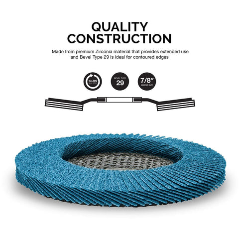 Front view of NEIKO 11143A zirconia flap disc, blue 4.5 inch, 7/8 inch arbor, bevel type 29 for angle grinders
