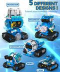 Five In One STEM RC Robot Building Kit With 494 Pieces App Coding Hands On Learning Toy For Ages 8 To 13 AI Interactive Robot With Expressive Eyes And Transformations From Snail To Tank Kid Friendly And Super Cool. five robot builds shown