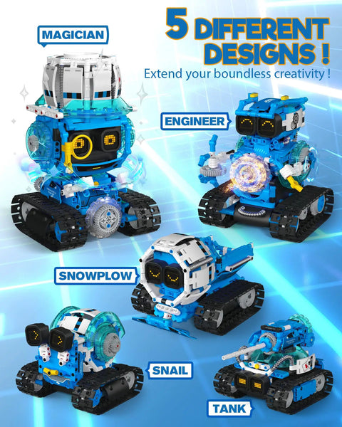 Five In One STEM RC Robot Building Kit With 494 Pieces App Coding Hands On Learning Toy For Ages 8 To 13 AI Interactive Robot With Expressive Eyes And Transformations From Snail To Tank Kid Friendly And Super Cool. five robot builds shown