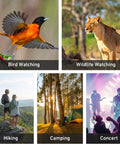 Collage showcasing uses of 15x52 HD Monocular With Tripod: bird watching, wildlife observing, hiking, camping, and concerts.