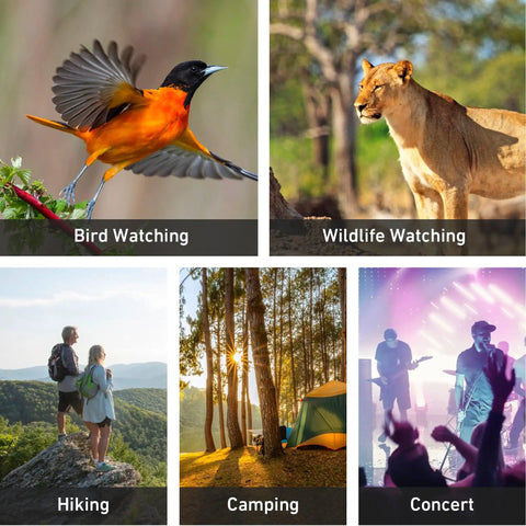 Collage showcasing uses of 15x52 HD Monocular With Tripod: bird watching, wildlife observing, hiking, camping, and concerts.