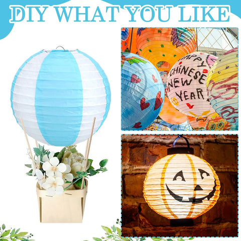 Dope DIY Hot Air Balloon Centerpieces Kit With 12 Blue And White Striped Paper Lanterns 12 Wooden Baskets And 50 Wooden Sticks