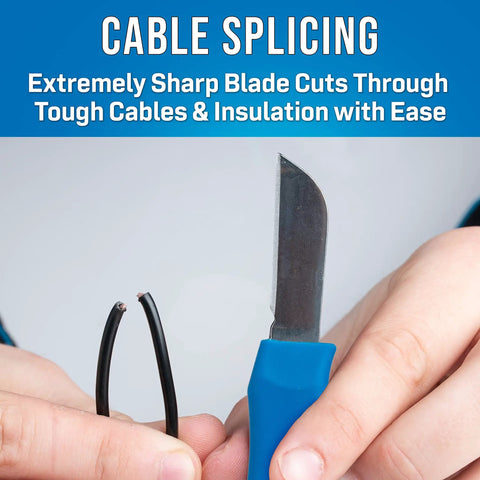 TK 400 3 Piece Splicer Kit With Splicing Knife cutting cable showing extreme sharpness for clean splicing