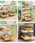 Heavy Duty Wood Cabinet Pullout Organizer With Super Slick Soft Close Glide Rollout Drawer For Pots And Pans Kitchen Storage Rack in kitchen and garage settings.