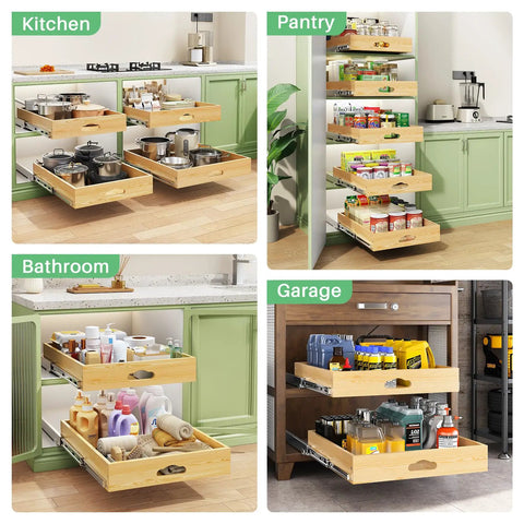 Heavy Duty Wood Cabinet Pullout Organizer With Super Slick Soft Close Glide Rollout Drawer For Pots And Pans Kitchen Storage Rack in kitchen and garage settings.