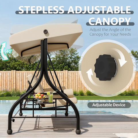 Three Seat Outdoor Porch Swing With Adjustable Canopy And Stand Heavy Duty Patio Swing showing canopy adjustment mechanism