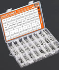 Front view of plastic case showing 810-piece stainless steel M3–M6 button-head screws, washers, nuts with hex wrenches