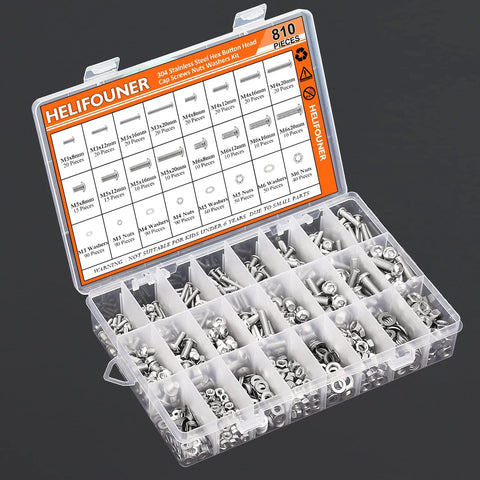 Front view of plastic case showing 810-piece stainless steel M3–M6 button-head screws, washers, nuts with hex wrenches
