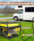Heavy Duty Heft No Sweat Setup Nema L6-30P To L6-20R Locking Adapter Cord, 30A 250V Male To 20A Female Plug, One Foot 12 Awg Sjta Boss Level Power Cable For Ev Chargers And Portable Generators connected to a yellow generator outdoors.