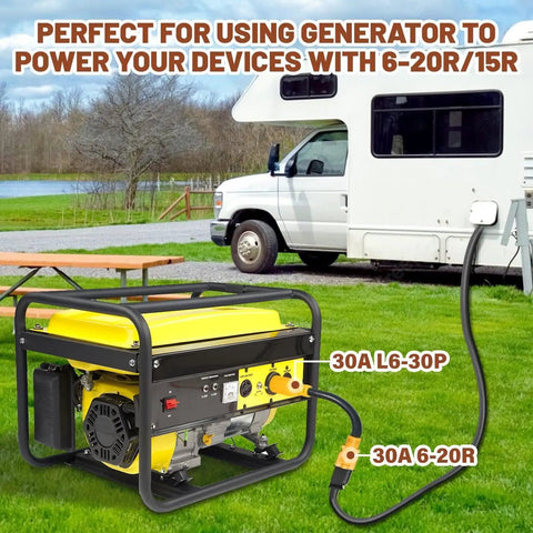 Heavy Duty Heft No Sweat Setup Nema L6-30P To L6-20R Locking Adapter Cord, 30A 250V Male To 20A Female Plug, One Foot 12 Awg Sjta Boss Level Power Cable For Ev Chargers And Portable Generators connected to a yellow generator outdoors.