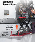 VEVOR Motorcycle Lift Table, 1500 Lb Electric Hydraulic Scissor Jack, adjustable height 9 to 41 inches, shown in use with motorcycle.