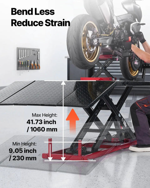 VEVOR Motorcycle Lift Table, 1500 Lb Electric Hydraulic Scissor Jack, adjustable height 9 to 41 inches, shown in use with motorcycle.