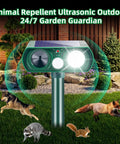 2 Pack Solar Ultrasonic Deer Repellent With Motion Sensor And Bright LED Strobe To Keep Deer Squirrels Raccoons Skunks Cats And Other Critters Off Your Yard IP65 Waterproof Outdoor Deterrent on garden stake
