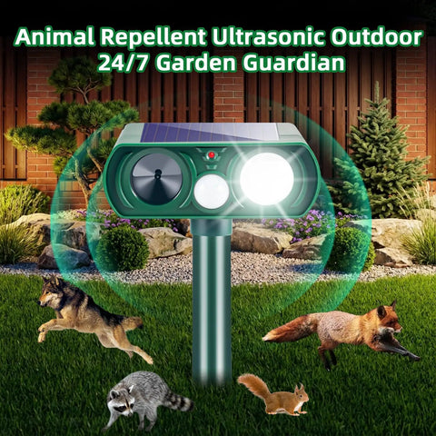 2 Pack Solar Ultrasonic Deer Repellent With Motion Sensor And Bright LED Strobe To Keep Deer Squirrels Raccoons Skunks Cats And Other Critters Off Your Yard IP65 Waterproof Outdoor Deterrent on garden stake