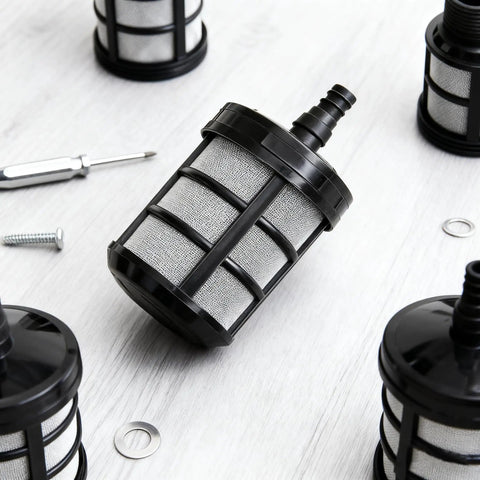 5 Pack Stainless Steel Hose Filter with Double Layer Garden Strainer for Three Eighths and One Half Inch Barb Fittings on table
