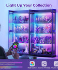 Four Tier Tempered Glass Display Cabinet With RGB Led Lighting And Music Sync For Flexing Sneakers Figurines And Dope Collectibles In Any Game Night Vibes Setup showcasing colorful collectibles.