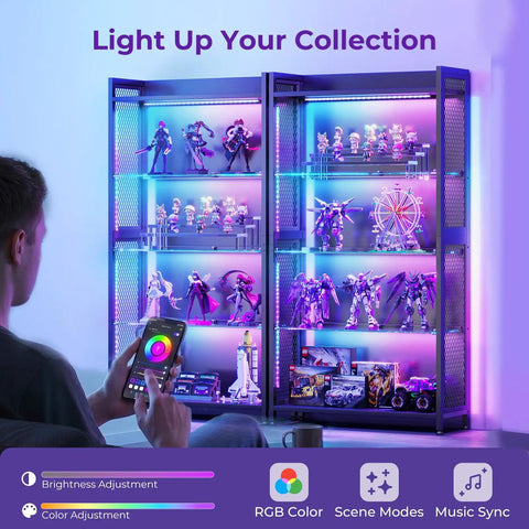 Four Tier Tempered Glass Display Cabinet With RGB Led Lighting And Music Sync For Flexing Sneakers Figurines And Dope Collectibles In Any Game Night Vibes Setup showcasing colorful collectibles.