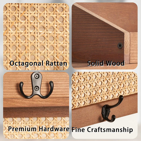 Wall Mount Coat Rack With Hooks And Shelf Made From Natural Pine And Woven Rattan A Boho Chic Entryway Organizer The Rattan Model