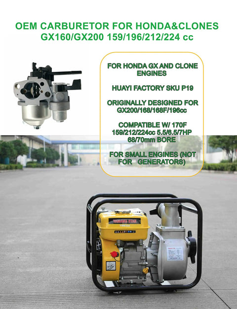 P19 Carburetor Kit With Built In Fuel Tap For Predator 212 And Honda GX Engines displayed with specifications background