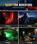 Two-Pack Rechargeable LED Headlamp with 1300 Lumen Ultra-Bright White Beam Plus Red and Green Beams, Waterproof Headlight for Camping, Running, Hiking, and Fishing. Image shows headlamp used during nighttime hiking, hunting, running and fishing, demonstrating versatility and power.