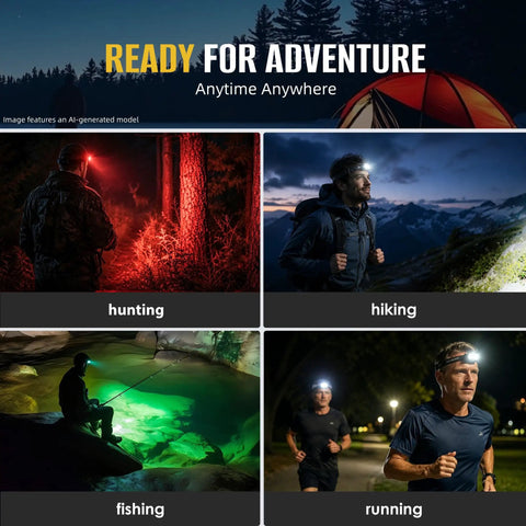 Two-Pack Rechargeable LED Headlamp with 1300 Lumen Ultra-Bright White Beam Plus Red and Green Beams, Waterproof Headlight for Camping, Running, Hiking, and Fishing. Image shows headlamp used during nighttime hiking, hunting, running and fishing, demonstrating versatility and power.