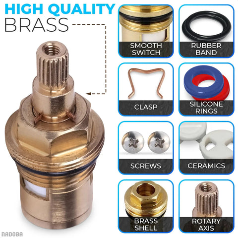 Brass Quarter Turn Faucet Cartridge Replacement Kit Two Pieces Half Inch Thread Twenty Teeth Stem Stops Leaks and Restores Water Flow for Kitchen Shower and Sink DIY Repairs with components labeled