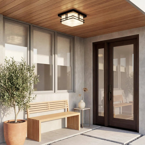 Outdoor Semi Flush Light With A Slick Black Finish, 2 Light Exterior Ceiling Light With Satin Etched Cased Opal Glass installed on porch ceiling.