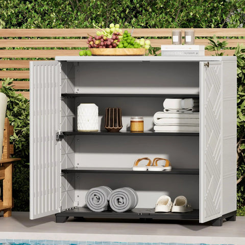 Indoor Outdoor Plastic Storage Cabinet With One Shelf 34 X 15 X 34 Inches White Weather Resistant UV Protected open with shelves