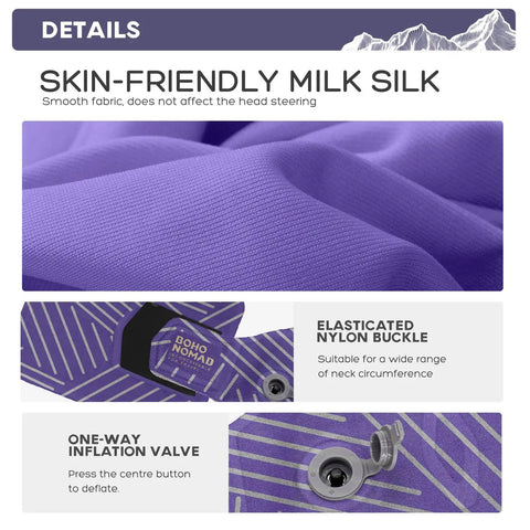 Details of Super Comfy Adjustable Blow Up Neck Pillow For Travel With 360 Degree Neck Support showing fabric, buckle, and valve.