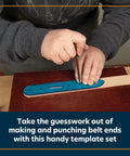 Person using Blue Belt End Acrylic Leather Templates Set Of 2 For Precise Strap Layout And Hole Punching 1 Inch Hole Spacing.