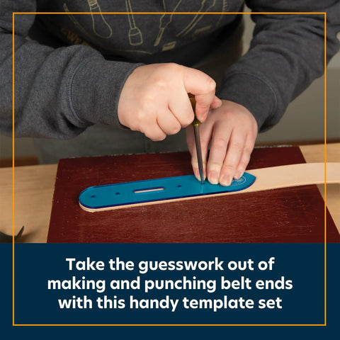 Person using Blue Belt End Acrylic Leather Templates Set Of 2 For Precise Strap Layout And Hole Punching 1 Inch Hole Spacing.