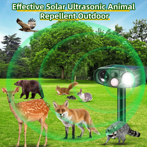 Ultrasonic Outdoor Animal Deterrent With Motion Sensor for Cats Squirrels and Other Critters Solar Powered Yard Shield in field.