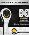 Close-up of 12-point box end wrench from 33 Piece Ratchet Wrench Set With SAE And Metric Sizing, highlighting efficient tightening.