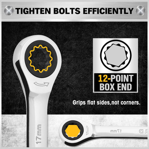 Close-up of 12-point box end wrench from 33 Piece Ratchet Wrench Set With SAE And Metric Sizing, highlighting efficient tightening.