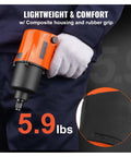 Knuckle Saving Half Inch Air Impact Wrench Generating 880 Ft Lbs Of Raw Torque At 7500 Rpm On An Ultra Light Aluminum Frame held with a rubber grip.