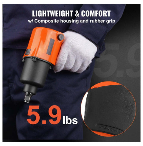 Knuckle Saving Half Inch Air Impact Wrench Generating 880 Ft Lbs Of Raw Torque At 7500 Rpm On An Ultra Light Aluminum Frame held with a rubber grip.