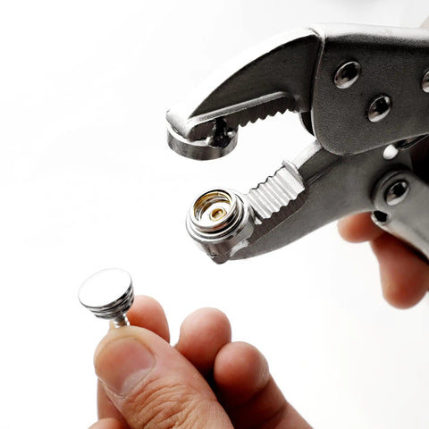 Heavy Duty Snap Setter Pliers Kit For Marine Snap Rings And Boat Cover Installation with pliers holding male snap part.